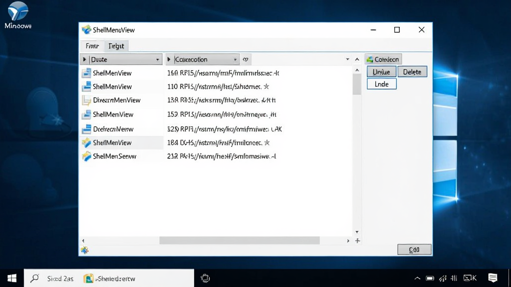 һ�Ÿɾ��� Windows �����ͼ����Ļ������� ShellMenuView ���������棬������һ�Ű׵ױ�������г�����Ҽ��˵���Ŀ�������ļ�·�����Ҳ��н��ú�ɾ����ť���������࣬������ɫ�������������޶���ͼ�꣬���ʸɾ���4K �ֱ��ʣ�������������ʾ 