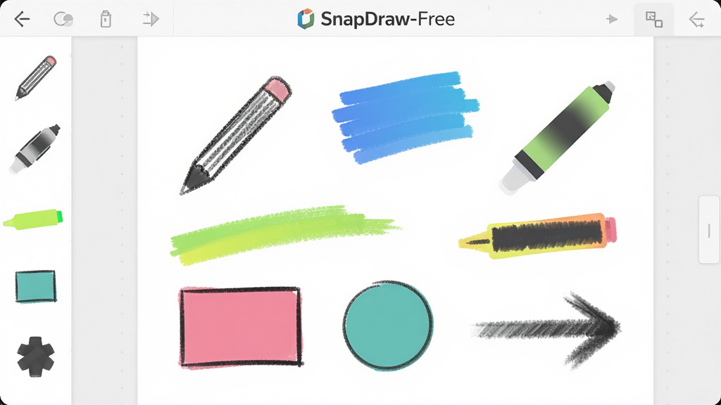 һ��չʾ������������״���߹��ܵĲ廭������������ SnapDraw-Free �Ļ����������Ϸֲ����ò�ͬ���ʻ��Ƶ���������״������Ǧ���ߡ����˱�ɫ�顢ӫ��ʸ��������Ρ�Բ�Ρ���ͷ�ȣ���๤������ʾ��Ӧͼ�꣬����Ϊ��������ӹ�������ߣ����Ϊ�������ı�ƽ����ƣ�ϸ�ڰ�����ɫ���䡢�ʴ�������͸����Ч�������ʸ��壬����ɾ����޶���Ԫ��