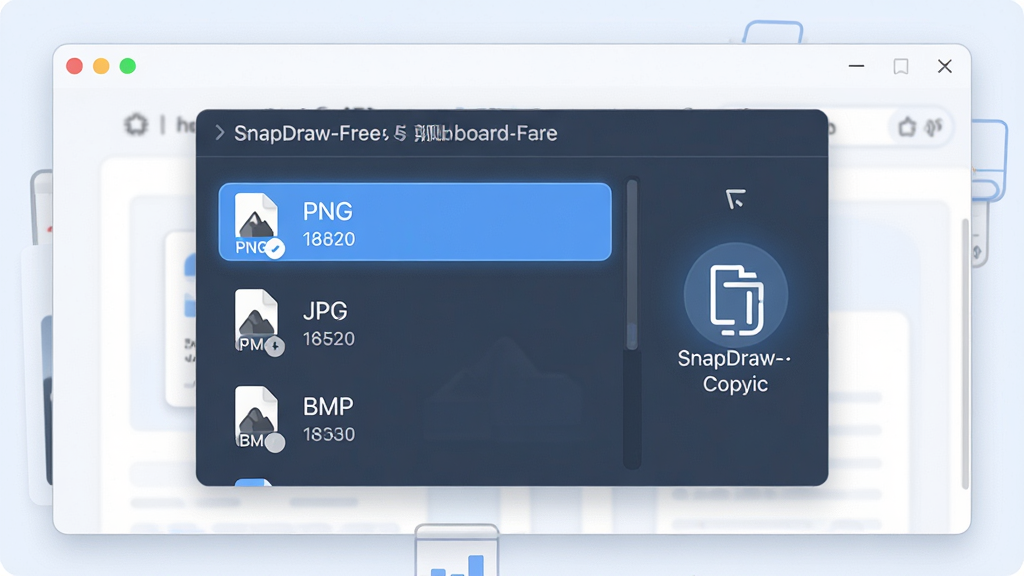 һ��չʾ���ʽ�����������ֱ�����ܵĽ���廭������������ SnapDraw-Free �ĵ�����壬������г� PNG��JPG��BMP �ȸ�ʽѡ��Ա��и��Ƶ�������İ�ťͼ�꣬�����Ǽ����������ڣ�����Ϊ�����У����Ϊ����ǳɫ UI ��ƣ�ϸ�ڰ�����ʽͼ�ꡢ��ť�������ļ���С��ʾ�����ʸ��壬����ɾ����޶���Ԫ��