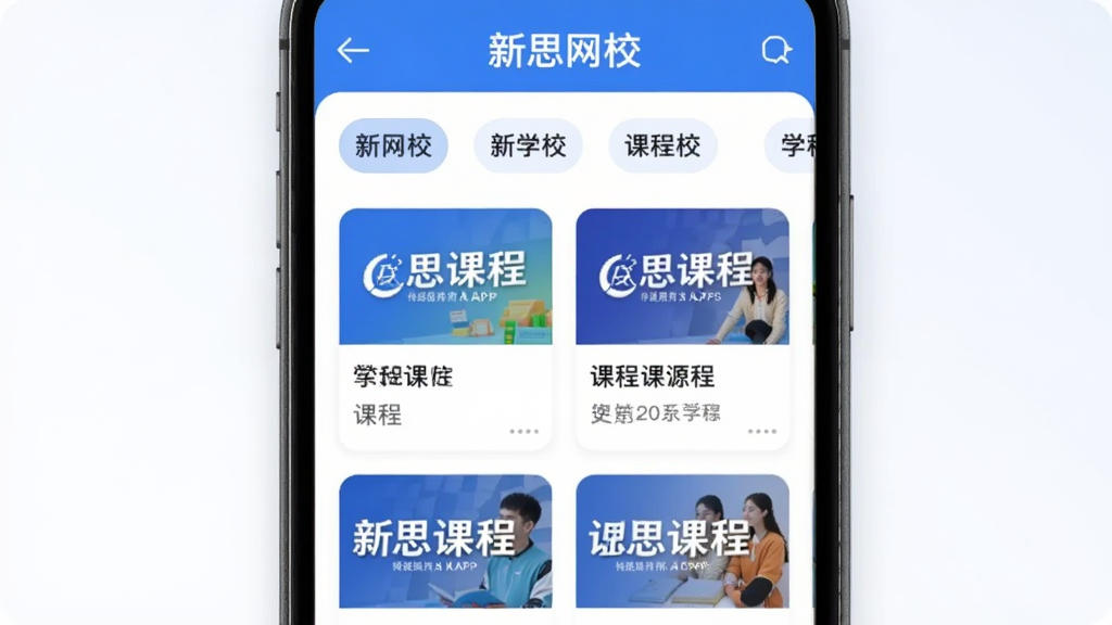 ��˼��УAPP�ڿγ���Դչʾҳ�棬�������ֻ���Ļ��ʾ���ѧ�Ʒ����ǩ�Ϳγ̷�������ͼ���γ̿�Ƭ�������У���������