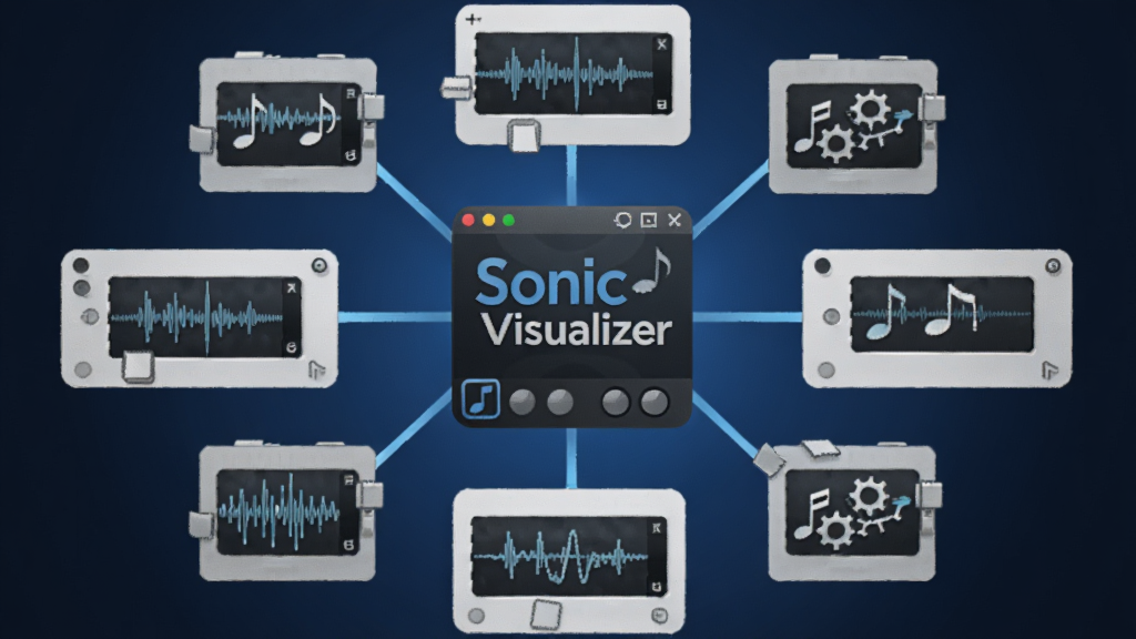 һ�������������Ƶ��������ͼ������������ Sonic Visualiser ������ͼ�꣬��Χ�����Ŷ�����ģ��ͼ�꣬ģ��֮���ù������ӣ�����������ɫ���䣬����Ϊ���η���״��ͼ�����Ϊ��ƽ���Ƽ��廭��ϸ�ڰ������ͼ���ϵĲ��Ρ����֡��������ţ����ʸɾ���ˬ���޶���Ԫ��