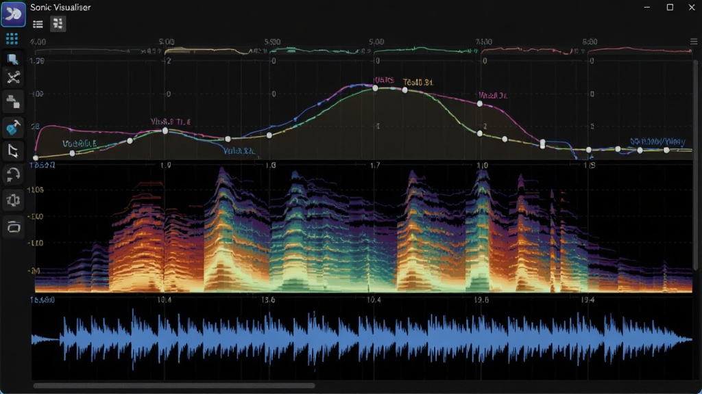 һ����ɫ�����ļ������Ļ��д����Ļ�� Sonic Visualiser ��������չʾ�˶����ӵ���Ƶ��ͼ���ײ�����ɫ���Σ��в��ǲ�ɫƵ��ͼ���ϲ����������ߺͽ��ı�ǣ���Ļ��Ե������ͼ������� Sonic Visualiser������Ϊ���й�ͼ�����Ϊ�Ƽ��������ݿ��ӻ����ϸ�ڰ���Ƶ�׵�ůɫ���䡢�����ߡ���ע�㣬���ʸ����������ɾ�������