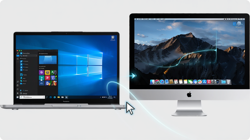 һ��չʾ ShareMouse ��ƽ̨�޷�ٿع��ܵ�ͼƬ�����������Ϊ Windows ϵͳ�ʼǱ����Ҳ�Ϊ macOS ϵͳһ�����һֻ��������������Ļ��Ե��Խ���Ҳ���Ļ��������Ϊ���Ƽ��磬�������ҶԳƣ�ϸ�ڰ�����Ļ�߿�ϵͳ������졢���켣�������������ɾ����޶���Ԫ��