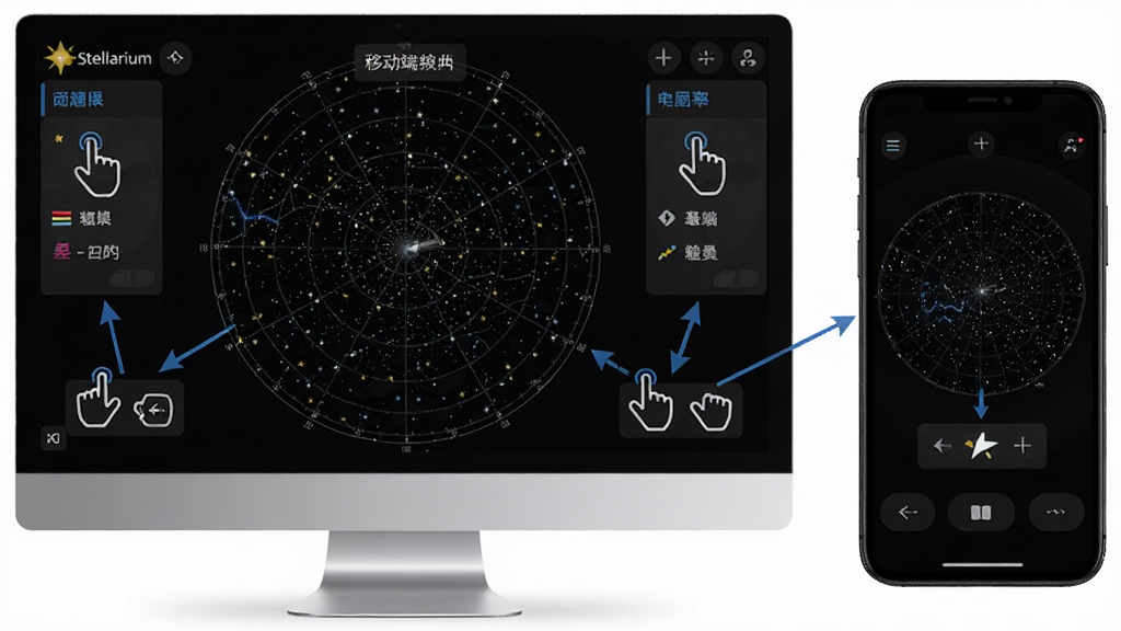 �������Ĺ�Stellarium�ƶ�������Զ˲�������Ա�չʾ������Ϊ�����Դ�����ʾ������ͼ�Ҳ��ֻ�С����ʾ�򻯰��ǿս��棬���ֲ������Ҳ��ŶԱ��Ű棬���Ϊ��Ʒ���ܶԱ�ͼ��ϸ�ڰ��������������ͼ�ꡢ�˵������ע���ֱ��ʲ�����֣����ʸ��塢�ɾ����޶���Ԫ��