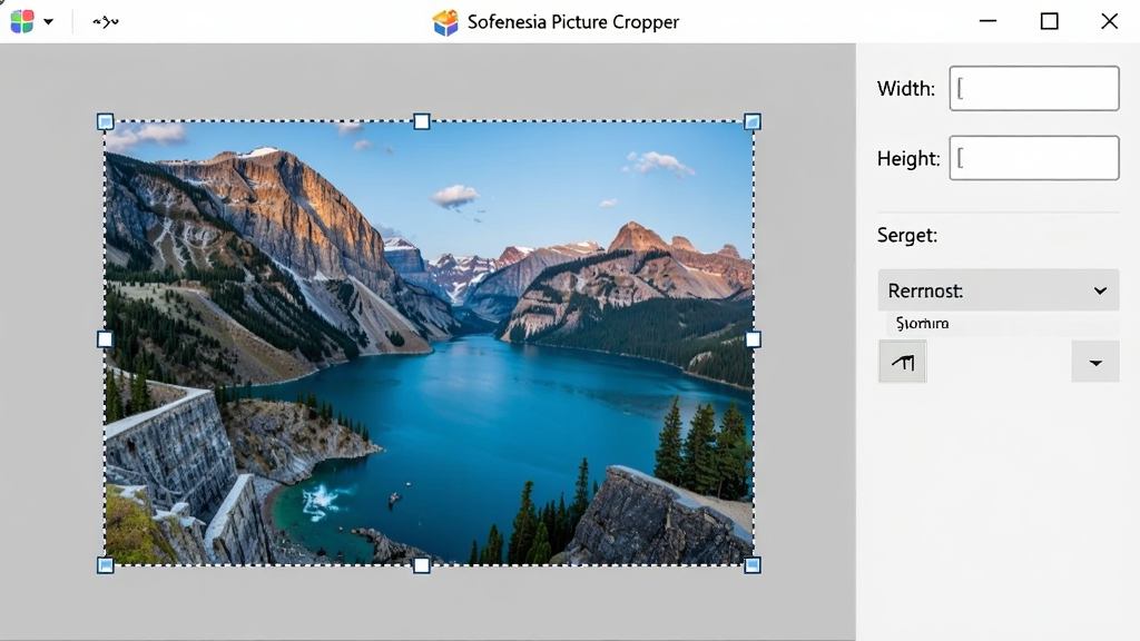һ�� Sofonesia Picture Cropper ���������������дͼ����������ʾһ�ŷ羰��Ƭ���ڱ��ü����ü����Ե�������߱�ʶ�������Ҳ���ʾ���Ⱥ͸߶�������Լ�Ԥ��ߴ������˵����������ơ�Sofonesia Picture Cropper�������ڽ��涥����������רҵ��࣬���ʸɾ�������