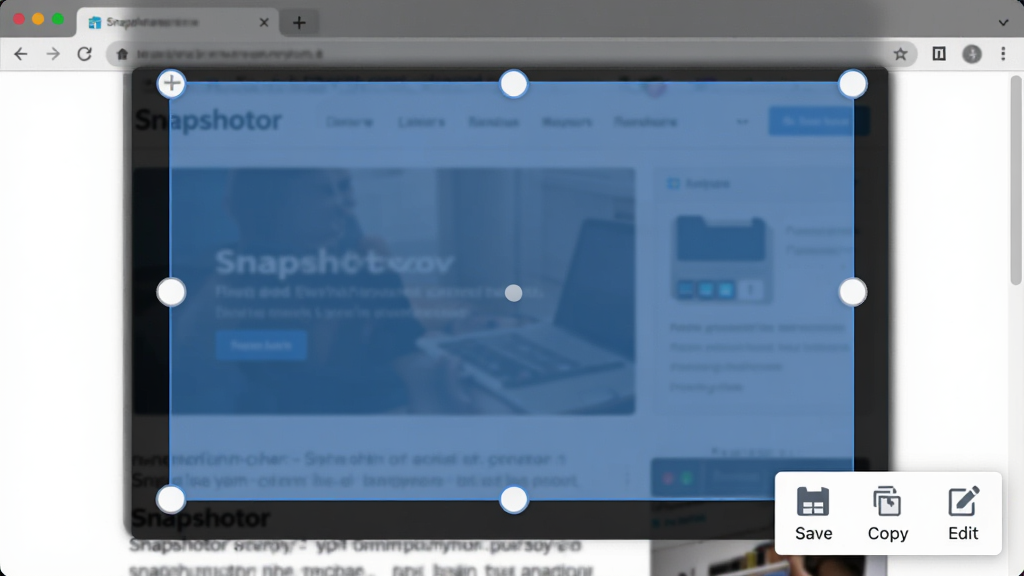 һ��չʾ Snapshotor �����ͼ���ܵ�ʾ��ͼ����������һ����͸������ɫѡ��򸲸�����ҳ�����ϣ�ѡ����Ե�а˸����Ƶ㣬��������ʰ�ɫ���֣����½���һ��С�ĸ�����������ʾ��Save����Copy����Edit��ͼ�꣬���Ϊ��ƽ�� UI ��ƣ�ϸ�����������ʸɾ����޶���Ԫ��