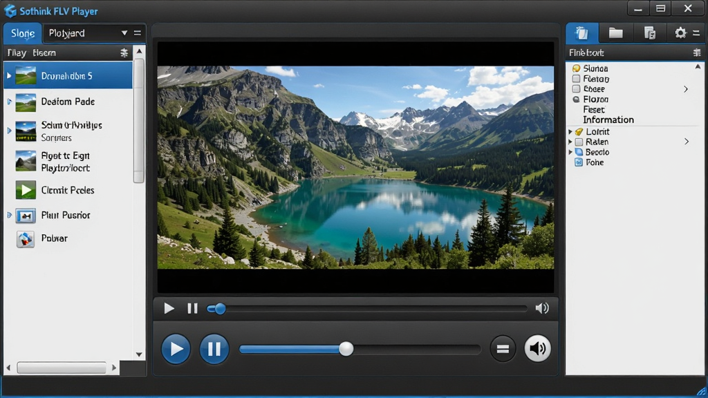 �������� Sothink FLV Player ������������ȫ��չʾ����������Ϊ���Ŵ��ڣ�������һ�η羰��Ƶ�������·��ǲ��ſ��������������š���ͣ�����������������ڰ�ť����������Ϊ�����б����ļ���Ϣ��壬���岼�ּ���������������ɫ����ɫ��׺���ִ����ϸ�ڰ�����ťͼ�ꡢ�ı���ǩ������������Ч���������������ɾ����޶���Ԫ�ء�