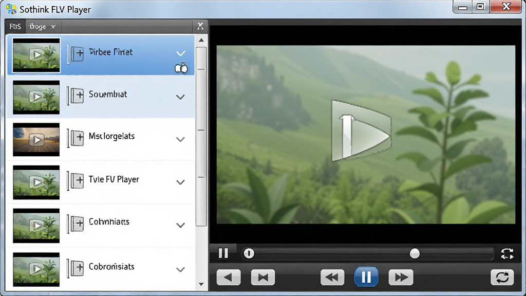 �������� Sothink FLV Player �Ĳ����б���������չʾ���������Ϊ�����б���壬��ʾ�����Ƶ�ļ�����������ͼ���Ҳ�Ϊ���Ŵ��ڣ��ײ����б����ư�ť�����ֲ������ҷ����ṹ�����������ϸ�ڰ����б����������ק����ʾ�⡢ѭ������ͼ�꣬�����������ɾ����޶���Ԫ�ء�