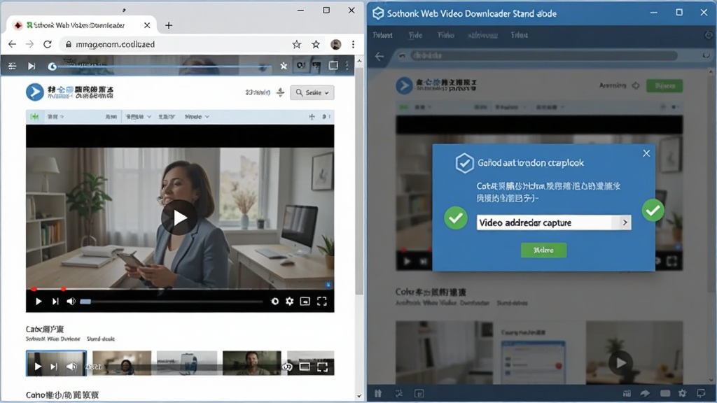 һ��AI��ͼ���棬������Sothink Web Video Downloader Stand-alone���������Զ�̽����ҳ��Ƶ������Ϊ�����������ڲ�����Ƶ���Ҳ��������ڵ�����Ƶ��ַ������ʾ���Ű����ҷ��������Ϊ�Ƽ���������ʾͼ��ϸ�ڰ�����Ƶ���Ż��桢�������񵯴�����ɫ�Թ�ͼ�꣬���ʸ��壬�ɾ����޶���Ԫ��