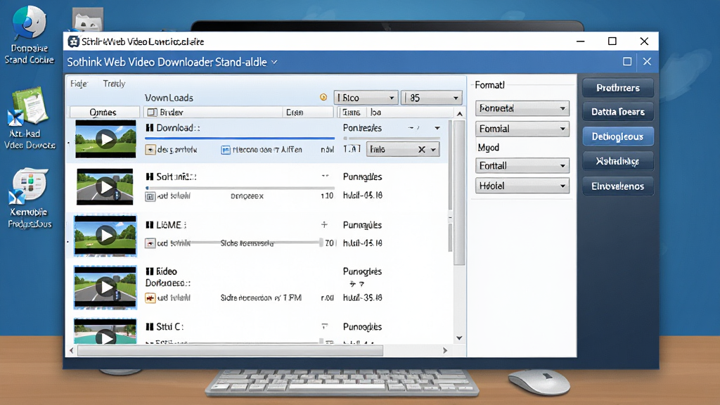 һ�����������ͼ���Ĳ廭��������Sothink Web Video Downloader Stand-alone���������ڣ�������չʾ��Ƶ�����б��͸�ʽת����壬�����ǵ������滷��������Ϊ����󴰿ڼ��Ҳ๦�ܰ�ť�����Ű��������룬���Ϊдʵ����������ϸ�ڰ�����Ƶ����ͼ������������ʽ�����˵������ʸ��壬�ɾ����޶���Ԫ��