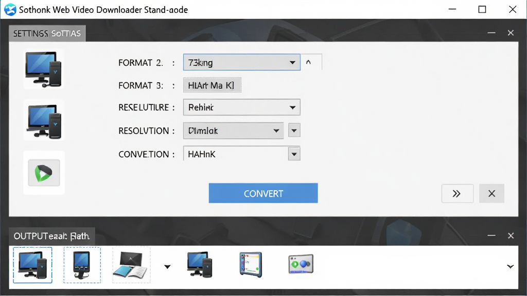 һ��AI��ͼ���棬������Sothink Web Video Downloader Stand-alone��������Ƶ��ʽת��������壬����Ϊ����ת�������������ӵײ������ʽѡ�������Ű�Ϊ���������ʽ�����Ϊרҵ�������ý�����ϸ�ڰ����豸ͼ�ꡢ��ʽ�����򡢷ֱ���ѡ�ת����ť�����ʸ��壬�ɾ����޶���Ԫ��