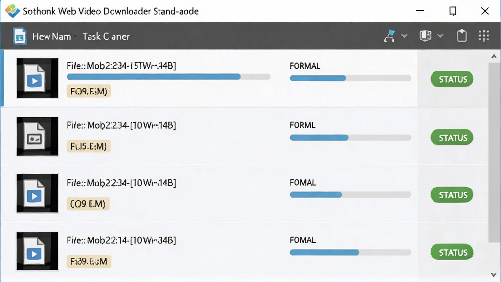 һ��AI��ͼ���棬������Sothink Web Video Downloader Stand-alone���������������б����棬����Ϊ��ֱ�б�չʾ�����Ƶ����ÿ��������ʾ�ļ�������ʽ�����Ⱥ�״̬���Ű�Ϊ���͵����ع������б���ʽ�����Ϊ������������������ϸ�ڰ������������ļ�ͼ�ꡢ��ʽ��ǩ�����ʸ��壬�ɾ����޶���Ԫ��