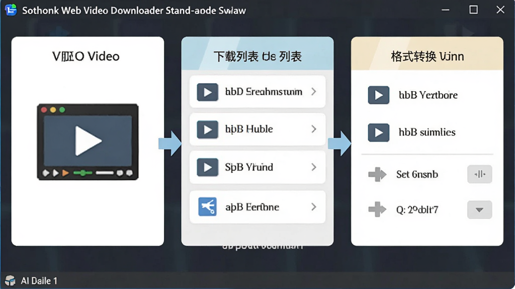 һ��AI��ͼ���棬������Sothink Web Video Downloader Stand-alone����������Ĺ��ܷ���ʾ��ͼ������Ϊ�������ŵĹ���ģ�����򣬷ֱ��ע��Ƶ̽�⡢�����б��͸�ʽת�����Ű�Ϊ��Ϣͼ��񣬷��Ϊ��ƽ��UIʾ��ͼ��ϸ�ڰ���ģ��ͼ�ꡢ���ֱ�ǩ����ͷָʾ�����ʸ��壬�ɾ����޶���Ԫ��