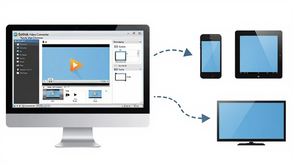 ˶˼��Ƶת������Sothink Video Converter���豸���书��ʾ��ͼ���������Ϊ������Ļ��ʾ�������棬�Ҳ�Ϊ�ֻ���ƽ�塢���������豸ͼ�꣬�м������߼�ͷ���ӣ���ʾ��Ƶ�ļ��ӵ���ת�����䵽��ͬ�豸����������죬ɫ����ͣ������������޶���Ԫ��
