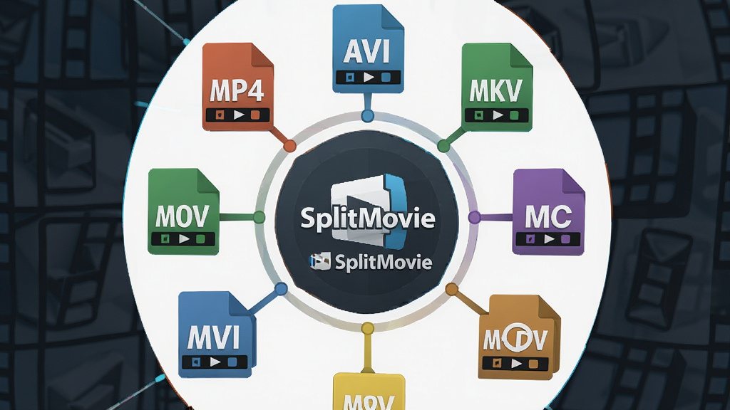 һ��չʾ SplitMovie ���ʽ�������Ե�ͼƬ������Ϊ�����ͬ��ʽ����Ƶ�ļ�ͼ��Χ������Logo���У�����������SplitMovie��־��������MP4��AVI��MKV��MOV�ȸ�ʽ��ʶ���Ű�ʻ��η���״�����Ϊ�ִ���ƽ����ƣ�ϸ�ڰ�����ʽ��д��ĸ����ɫͼ�ꡢ�������������ʸ��壬����ɾ����޶���Ԫ��