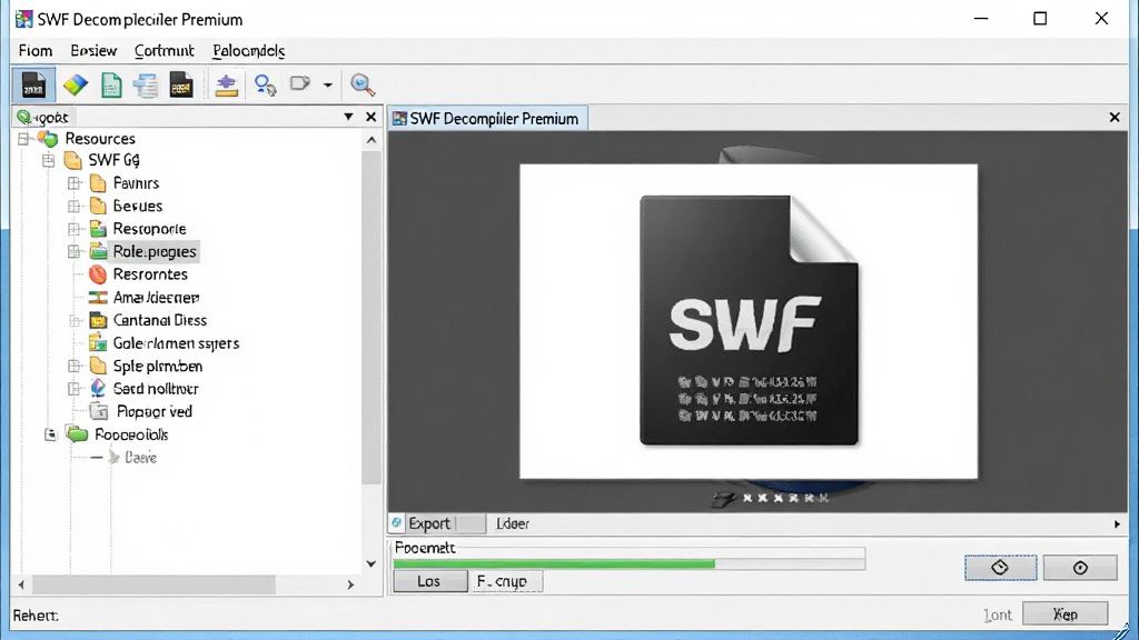 һ��չʾSWF Decompiler Premium���������ͼƬ������Ϊ����������λ�ڻ������룬����Ϊ�����Դ��״�б����Ҳ�Ԥ�����ڡ������˵������Ű�����Գƣ����Ϊ�ִ��Ƽ���������ͼ���ϸ�ڰ�����������ʾSWF�ļ�ͼ�ꡢ�������������������ť�����ʸ���ɾ��޶���Ԫ��