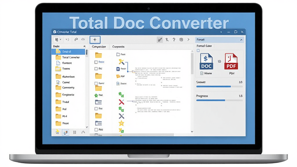 Total Doc Converter ����������չʾ��������һ̨�򿪵ıʼǱ�������Ļ����Ļ����ʾ�ĵ�ת�������Ĳ������ڣ�������ļ��б����Ҳ��Ǹ�ʽѡ����壬���ֲ��þ��й�ͼ���Ű�������࣬���Ϊ�ִ���ƽ���Ƽ��磬ϸ�ڰ����ļ���ͼ�ꡢDOC �� PDF ��ʽ��ʶ�������������ʸ���ɾ����޶���Ԫ�أ����������ֱ�ע 