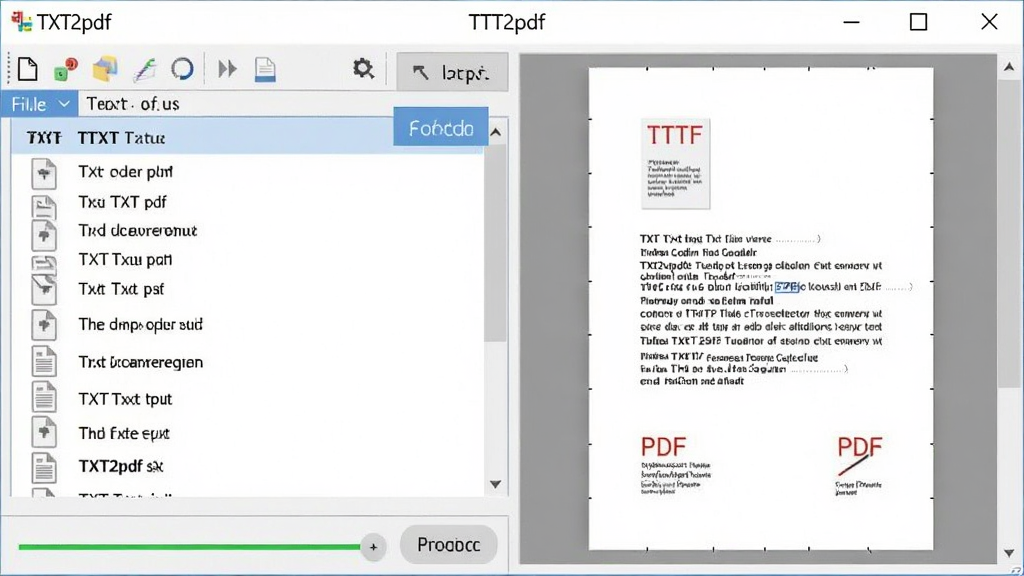 һ��չʾTXT2pdf�����������ͼƬ�������������������ڣ������ʾTXT�ı��ļ��б����Ҳ���PDFԤ�����򣬴��ڶ����С�TXT2pdf���������Ʊ�ʶ�����岼�ּ���������Ű�������ҷ����ṹ�����Ϊ�ִ���ƽ����ƣ�ϸ�ڰ����ļ�ͼ�ꡢת����ť����������Ԫ�أ����ʸ��壬����ɾ����޶���Ԫ��