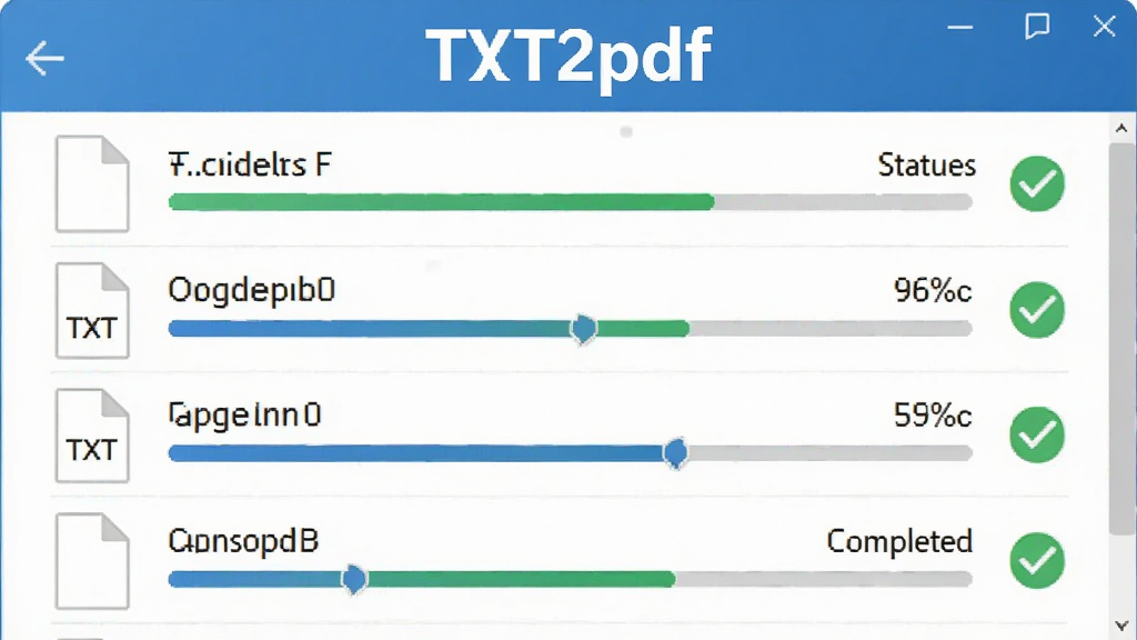 һ��չʾTXT2pdf����ת�����ܵ�ͼƬ������������������ʾ���TXT�ļ������Ŷ�ת����ÿ���ļ��Ա��н�������״̬��ʶ�������С�TXT2pdf������������Ϊ�����б��ṹ�����Ϊ��ˬ��Լ�Ľ�����ƣ�ϸ�ڰ����ļ����ơ�ת�����Ȱٷֱȡ���ɴ�ͼ�꣬��������������ɾ����޶���Ԫ��