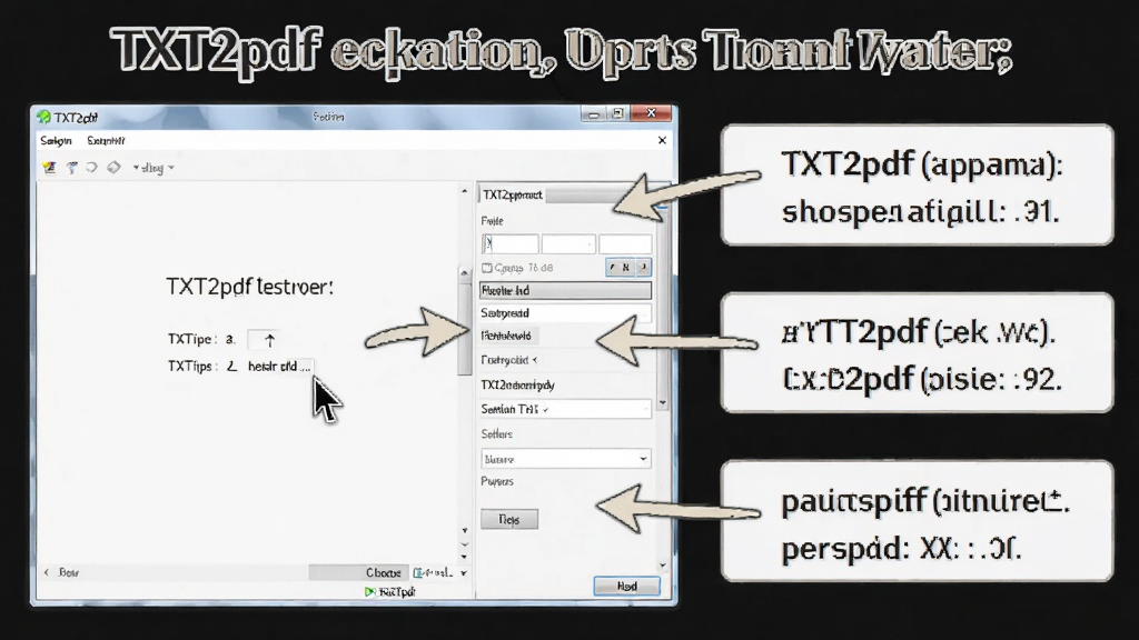 һ��չʾTXT2pdfʹ�ü��ɵ�ͼƬ�������е�����Ļ����ʾTXT2pdf�������棬�Ա��б�ע����˵���������裬����Ϊͼ�Ľ����ʽ�����Ϊ�̳����ͼ���ϸ�ڰ������ָ�롢������ͷ��������壬��������������ɾ����޶���Ԫ��