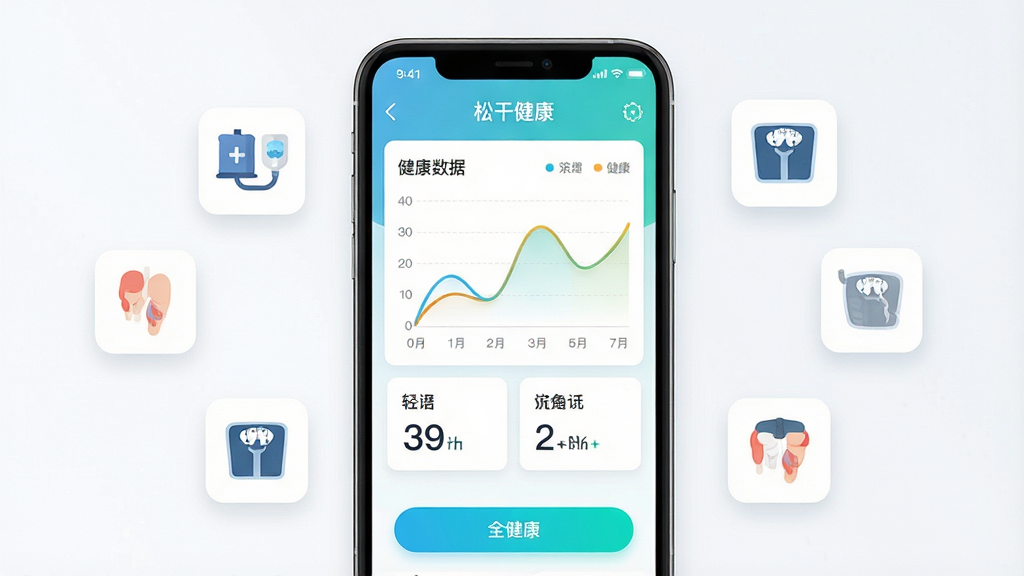 一张展示松干健康数据记录功能的界面截图风格图,画面中央手机屏幕显示健康数据图表和录入界面,包含折线图和数字卡片,周围有浮动的小图标代表血压计、体重秤等,布局清晰,风格简洁明快,细节包括图表颜色区分和按钮高亮,画质高清,干净无多余元素,图片中文字标注