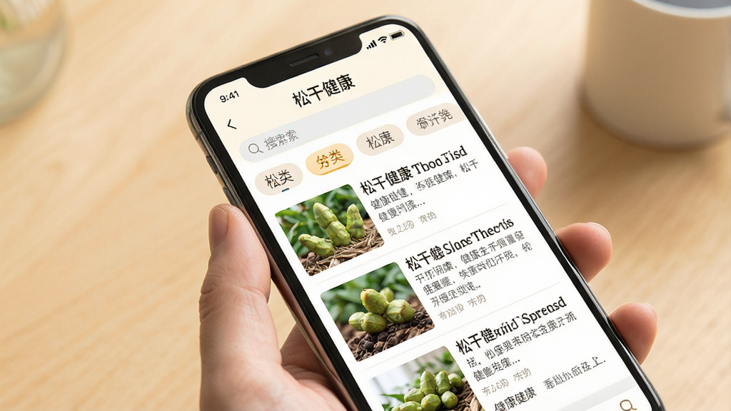 一张展示松干健康资讯阅读页面的场景图,手机屏幕显示健康文章列表和配图,界面有分类标签和搜索栏,背景为温暖浅色,布局为上下滚动式,风格温馨阅读感,细节包括文章缩略图和标题文字,画质高清,干净无多余元素,图片中文字包含