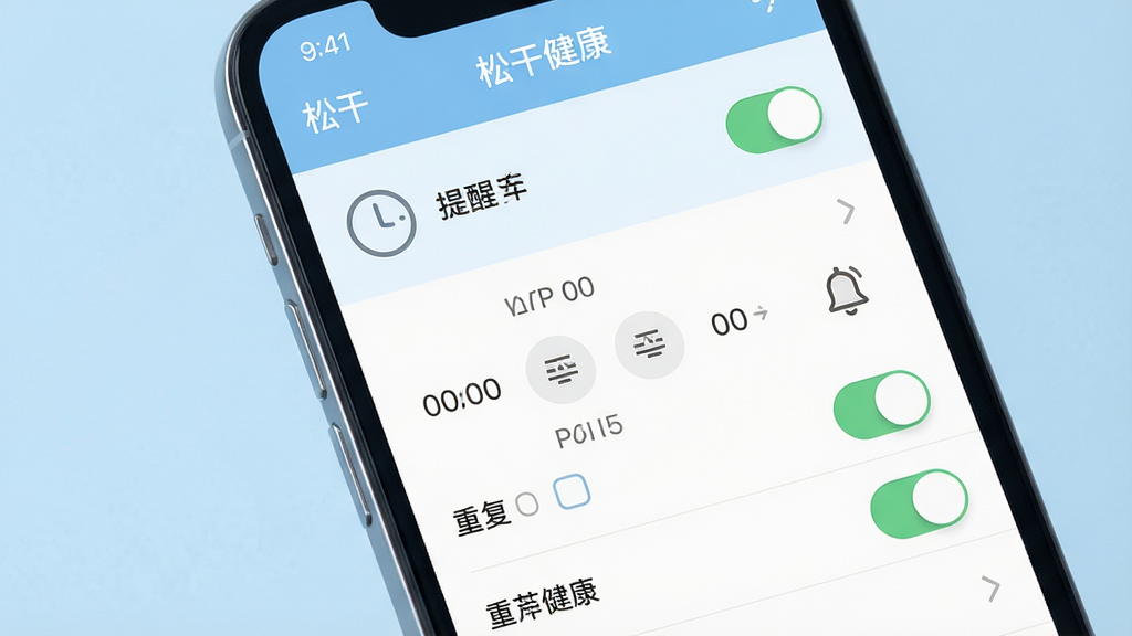 一张展示松干健康提醒设置界面的场景图,手机屏幕显示提醒列表和开关按钮,包含时钟图标和铃铛图标,背景为柔和蓝色调,布局为列表式,风格清爽工具感,细节包括时间选择器和重复选项,画质高清,干净无多余元素,图片中文字包含