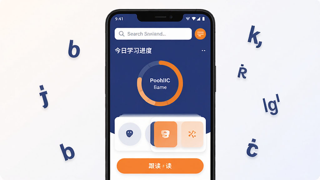 Ӣ������Ӧ��������չʾ������Ϊһ��������׿�ֻ�����Ļ������ʾӢ������APP��ѧϰ��ҳ��ҳ���Ű���ϵ��������Ƕ���������������ѧϰ���Ȼ���ͼ�����ʿ�Ƭ�������ť��������ɫ��Ϊ���������ȴ��䣬����Ϊ����ǳɫ���䣬�ֻ�����ɢ������Ӣ����ĸ�����������Ϊװ��Ԫ�أ���������ˬ�ɾ��������������޶�������Ԫ��