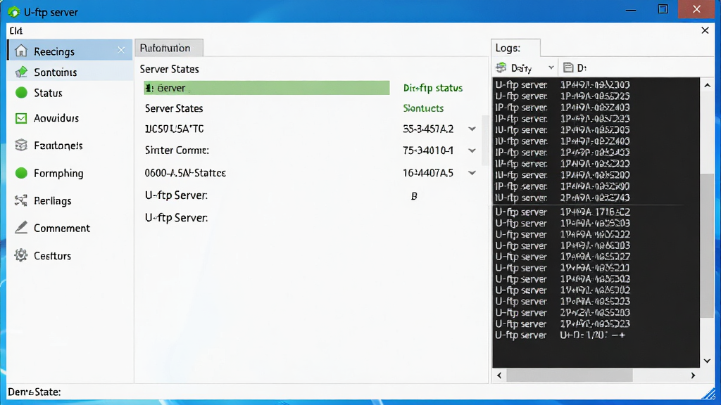 һ�Ÿɾ�����������չʾͼ��������U-ftp server���������ڣ�����Ϊ����������ʾ������״̬��������Ϣ�����Ϊ���ܲ˵������Ҳ�Ϊ��־��ʾ�����Ű������������Ϊ�ִ�Windows����Ӧ�÷��ϸ�ڰ�����ɫ״ָ̬ʾ�ƺ�IP��ַ��ʾ�����ʸ��壬����ɾ����޶���Ԫ��