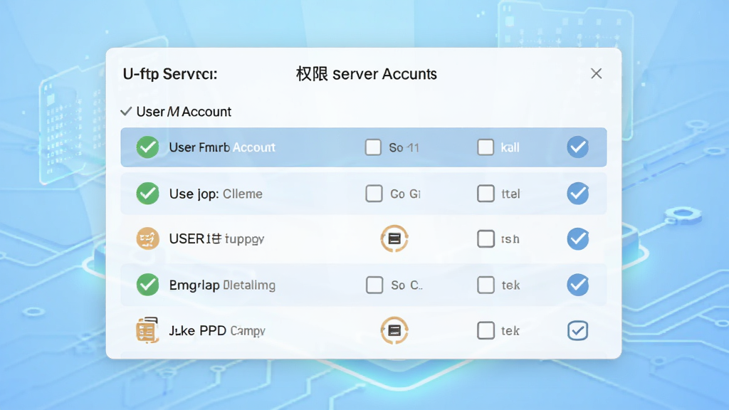 U-ftp server����������ʾͼ������������Ȩ��������壬չʾ����û��˻��б��빴ѡ�򣬱���Ϊ����ɫ�Ƽ��н��䣬���Ϊ��ƽ����ƣ�ϸ�ڰ�����ѡ״̬��Ȩ��ͼ�꣬���������ɾ���������װ��