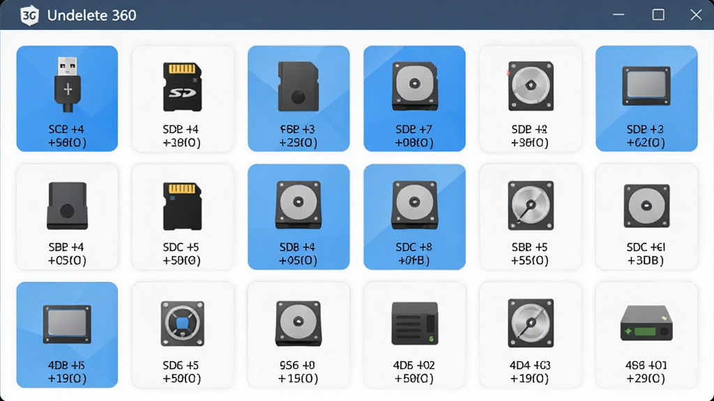 Undelete 360 �豸ѡ����棬����Ϊ���ִ洢�豸ͼ�����У�����Ϊ����״չʾ���Ű���ȣ����Ϊ��Լ����磬ϸ�ڰ���USB��SD����Ӳ�̵�ͼ����������Ϣ�������������ɾ����޶���Ԫ��