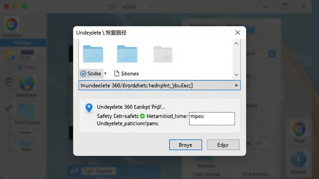 Undelete 360 �ָ�·��ѡ��Ի�������Ϊ�ļ���ѡ�񴰿��밲ȫ��ʾ���֣�����Ϊ���е������Ű��࣬���Ϊǳ���ʸУ�ϸ�ڰ���·��������������ť�����ʸ��壬�ɾ����޶���Ԫ��