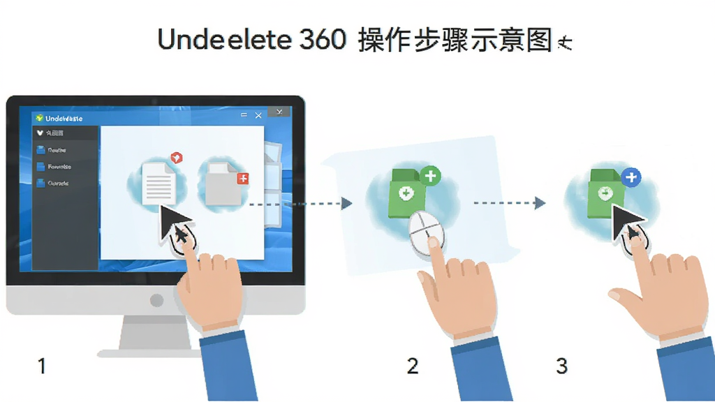 Undelete 360 ��������ʾ��ͼ������Ϊ������Ļ��ʾ�����������û��������ƣ�����Ϊ�ֲ�չʾ1-2-3���裬�Ű�������У����Ϊ��ƽ���廭��ϸ�ڰ�����������ļ��ָ������������������ɾ����޶���Ԫ��