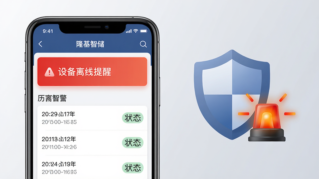 �ֻ���Ļ��ʾ¡���Ǵ��ĸ澯����ҳ�棬������һ����ɫ�����澯��Ƭд�š��豸�������ѡ����·��б�չʾ��ʷ�澯��¼��ÿ����¼����ʱ�����״̬��ǩ���ֻ��Ա���һ������Ķ���ͼ�����˸�ľ�ʾ��Ԫ�أ�����Ϊǳ��ɫ���䣬��������񣬻��ʸɾ����壬�޶���װ��