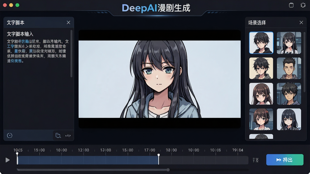 DeepAI�����������������棬����չʾAI������ƵԤ�����ڣ����Ϊ���ֽű����������Ҳ�Ϊ��ɫ�볡��ѡ����壬�ײ�����ʱ�����뵼����ť�����������ɫ�Ƽ���񣬽���ɾ����࣬����������ע