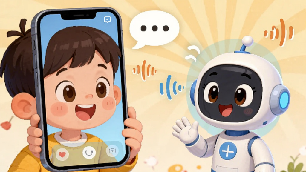 AIͯ�����������Ի�������һ��С�����ֳ��ֻ�������Ļ˵�����ֻ���Ļ����ʾAIͯ�鿨ͨ�������ڻ�Ӧ��������Χ�жԻ����ݺ�����ͼ�꣬����Ϊ���������ֹ�ͼ�����Ϊ��ܰ��ͨ�廭��ϸ����С���ѱ��鿪�ġ�AI������ÿɰ������ʸ���ɾ��޶���Ԫ��