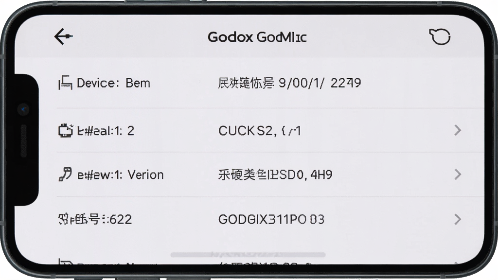 һ���ֻ���Ļ��ͼ����ͼƬ����ʾGodox MicӦ�õ��豸��Ϣҳ�棬ҳ�����г��豸�ͺš��̼��汾��Ӳ���汾�����кŵ���Ŀ�����������ɶ��������Ű����룬����Ϊǳɫ����������񣬻����������޶���Ԫ��