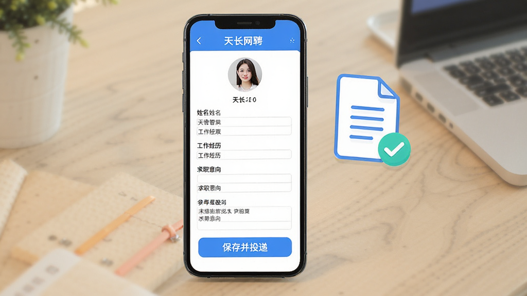 �쳤����ƸApp������������ʾ��ͼ������չʾһ���ֻ�����Ļ���Ǽ����༭ҳ�棬����ͷ��������������������ְ������ֶΣ�ҳ��ײ��б��沢Ͷ�ݰ�ť���ֻ��Ա����ĵ�ͼ��͹�ѡ�����Ϊ��׺����������ˬ��࣬��������ɫΪ�������ֹ����������������޶���Ԫ�ء�