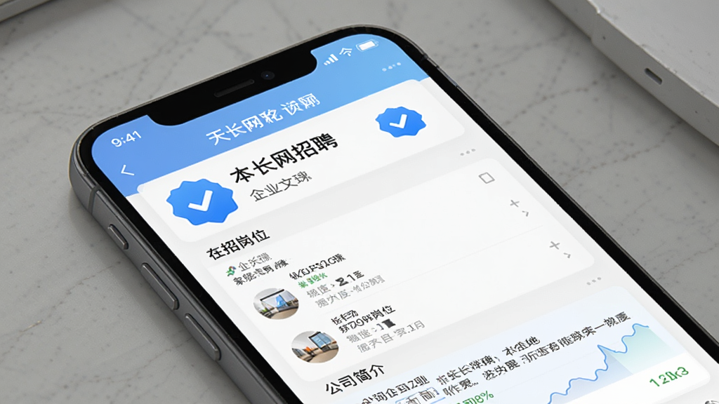 �쳤����ƸApp��ҵ��Ϣչʾҳ��ʾ��ͼ���ֻ���Ļ��ʾһ�ұ�����ҵ����Ƹ����ҳ��������ҵ���ơ���֤��ʶ�����и�λ�б��͹�˾��顣ҳ����Ƹɾ�����ɫ��֤������Ŀ��������࣬�����������޶���Ԫ�ء�