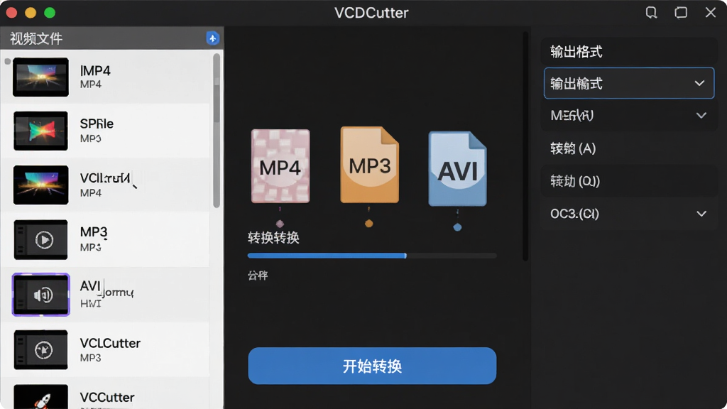 VCDCutter ��ʽת������Ƶ��ȡ���棬���Ϊ��Ƶ�ļ��б����Ҳ�Ϊ�����ʽѡ��м���ת���������롰��ʼת������ť�������и��֡�MP4����MP3����AVI���ȸ�ʽͼ�꣬����Լ�ִ������ʸɾ�