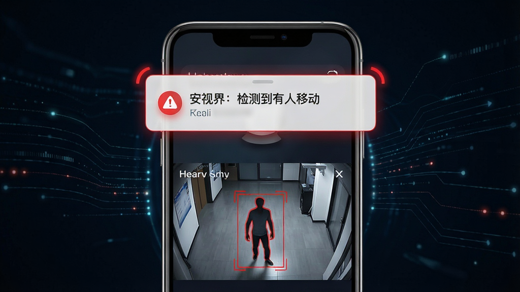 һ��չʾ�����ӽ硱�����������澯���ܵ�ʾ��ͼ�������������ֻ���Ļ�����澯֪ͨ��֪ͨ����Ϊ�����ӽ磺��⵽�����ƶ������ֻ��·��Ǽ�ػ����ͼ���������ú�ɫ���������ƶ�����������������Ϊ��ɫ�Ƽ���񣬲���Ϊ�ֻ����У���Χ�����������������Ϊ�ִ���ȫ�������⣬ϸ�ڰ���֪ͨ��Ƭ����Ӱ����ɫ�������˸Ч��������Ϊ���壬����ɾ����޶���Ԫ��