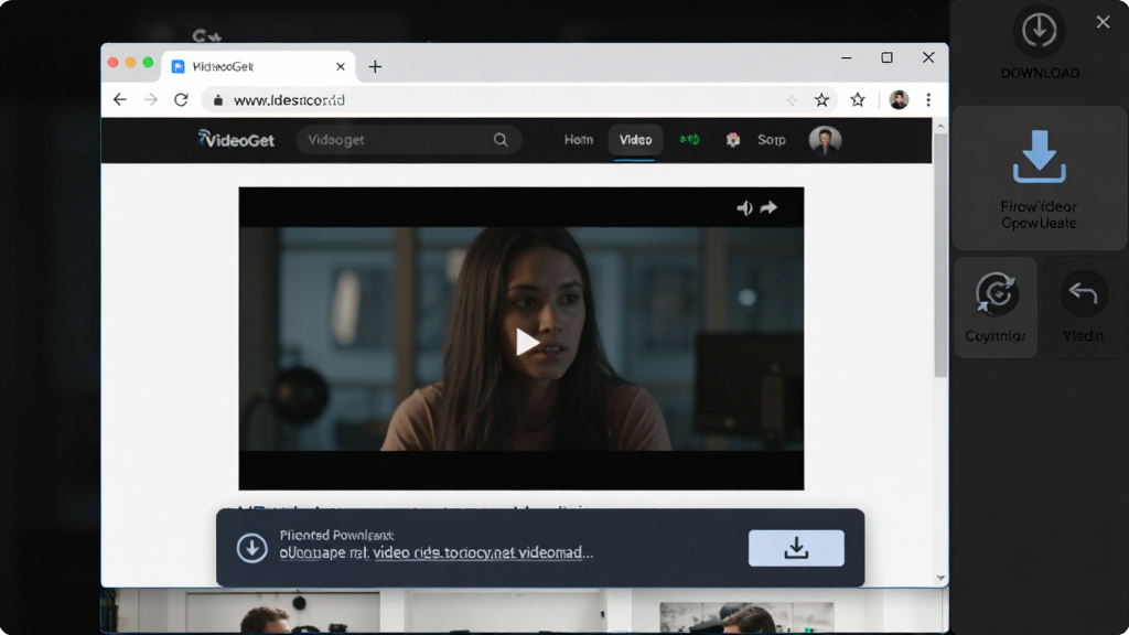 VideoGet �����������̽��Ƶ���棬������ʾ����������Ƕ��ҳ����������ڲ���һ����Ƶҳ�棬���ڵײ�������̽��ʾ����ʾ��⵽��Ƶ��ַ�������ذ�ť�������ں�������������ع��ߵ��ص㣬�����������޶���Ԫ��