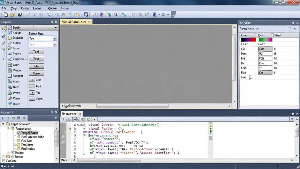 Visual Basic ����������ȫòչʾ�����������Ǿ����Windows��������������๤������������ű�ǩ���ı��򡢰�ť�ȳ��ÿؼ�ͼ�꣬�Ҳ����Դ�����ʾ����ɫ������������ײ�����༭��չʾ��������Visual Basic�﷨�������룬���岼�ֹ��������Ϊרҵ���������������ͼ��ϸ�ڰ����˵�������������ѡ��������Ŀ��ͼ�ꡢ������Դ����������״�ṹ��������������������ɾ��޶���Ԫ�أ������ұ�������