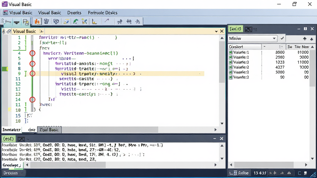 Visual Basic ���Թ��������������չʾ�������д���༭������к�ɫ�ϵ��ǣ��ײ�����������ʾ�ű������������Ϣ���Ҳ���Ӵ����г�����������䵱ǰֵ��������Ϊרҵ�������������Գ�����ͼ�����ֽ��պ�����ϸ�ڰ����������ĵ��Կ��ư�ť������и�������������������ɾ����޶��ര�ڸ��ţ����ְ���