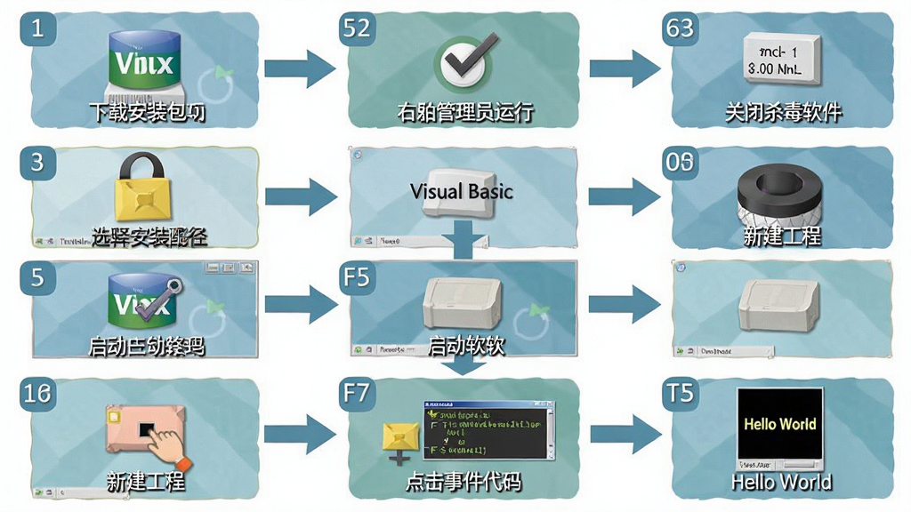 Visual Basic ���ְ�װ��������ͼ�������������Ĳ���ͼ��ʽչʾ�����ذ�װ�����ɹ����е�һ��Hello World������������̣������Ҽ�����Ա���С��ر�ɱ��������ѡ��װ·���������������½����̡���ק��ť�ؼ�����д����¼����롢��F5���еȹؼ��ڵ㣬ÿ���������м��ͼ����������˵����������Ϊ��ƽ����Ϣͼ�����ִ��ϵ����������У�ϸ�ڰ������������ͷ���������ʸɾ����࣬�޶���װ�Σ����ְ���
