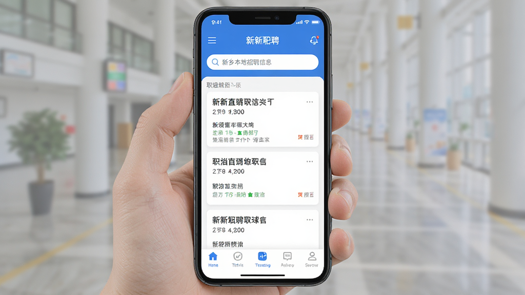 �ֻ���Ļ��չʾ����ֱƸAPP�����棬������������ʾ���籾����Ƹ��Ϣ���м俨Ƭʽְλ�б����ײ������������ɼ������岼�ּ��������������ɫ��񣬽���ɾ��޶���Ԫ�أ����廭��