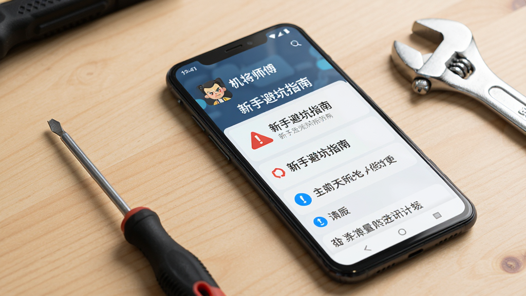����չʾһ����׿�ֻ���Ļ����Ļ����ʾ������ʦ����APP�ġ����ֱܿ�ָ�ϡ�ҳ�棬ҳ�����к�ɫ����ͼ�����ɫ��ʾͼ�ꣻ�ֻ��Ա߷�����˿���Ͱ��֣�����Ϊ�ɾ���ǳɫľ�����棻������дʵ��������ͣ������������޶���Ԫ�ء�