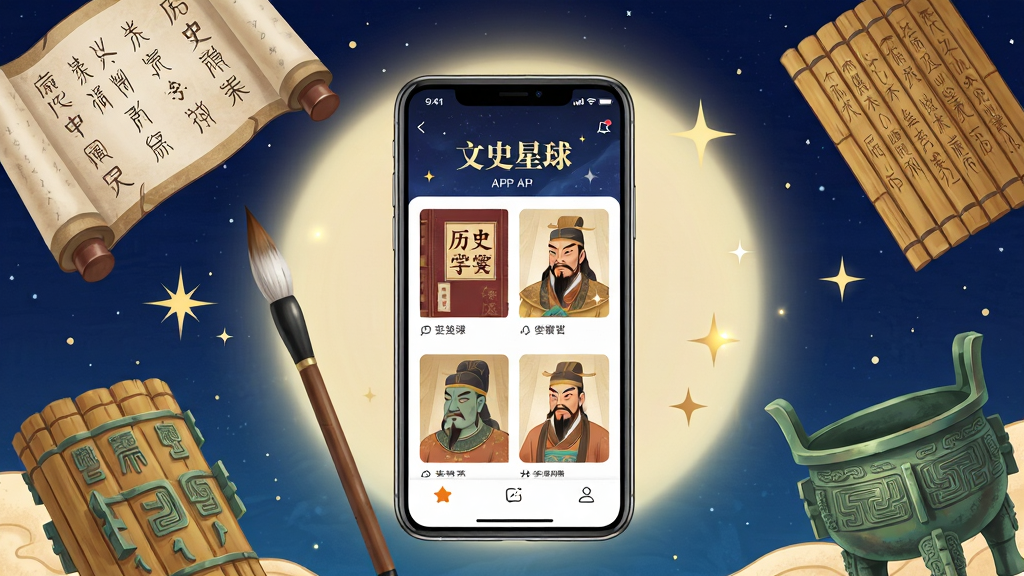 �����������һ�������ֻ����ֻ���Ļ��ʾ����ʷ����APP��ҳ���棬����������ʷ�鼮����͹Ŵ�����廭���ֻ���Χ���ƹŴ����ᡢë�ʡ������ͭ��������Ԫ�أ�����Ϊ����ɫ�ǿ��뵭��ɫ���Σ����岼�ֲ��þ��й�ͼ�����Ϊ�����廭�磬ϸ�ڰ��������ϵ�׭�����ֺ���â��׺�����ʸ��壬����ɾ����޶���Ԫ��
