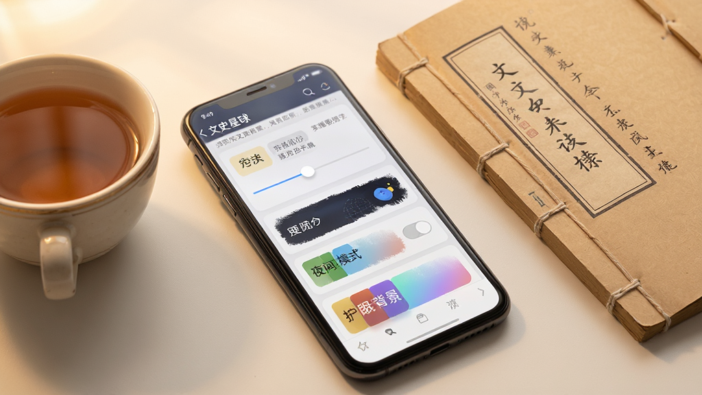 һ���ֻ�չʾ����ʷ����APP���Ķ����ý��棬��Ļ����������ڻ��顢ҹ��ģʽ���غͻ��۱���ɫѡ��ֻ��Ա߷���һ�����һ����������װ�飬���ֲ��öԽ��߹�ͼ�����Ϊ��ܰ����磬ϸ�ڰ�����Ļ�ϵ�����Ԥ��Ч������͵Ļ����⣬���ʸ��壬����ɾ����޶���Ԫ��