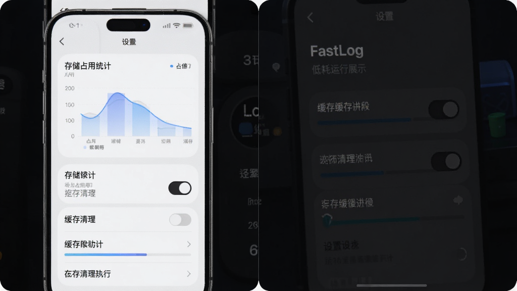 FastLog�����ͺ�����չʾ������Ϊ�ֻ���Ļ�����ý��棬��Ļ����ʾ�洢ռ��ͳ�ƺͻ�������ѡ�����Ϊ���½ṹ���Ϸ�Ϊռ��ͼ�����·�Ϊ�����б����Ű��࣬���Ϊ���Բ����ƣ�ϸ�ڰ�����ɫģʽ���ء���������������ʸ��壬�ɾ����޶���Ԫ��